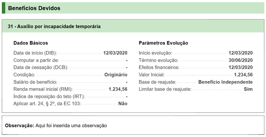 Demonstrativo atrasados benefício devido dados