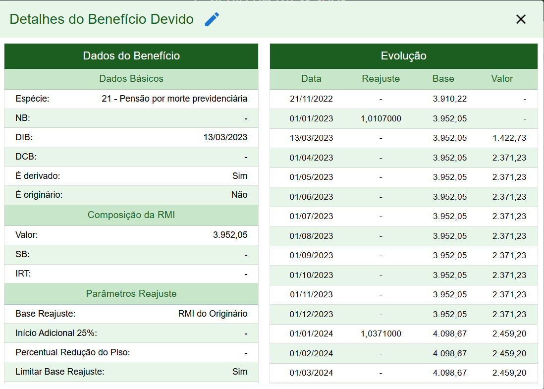 Janela Detalhes do Benefício