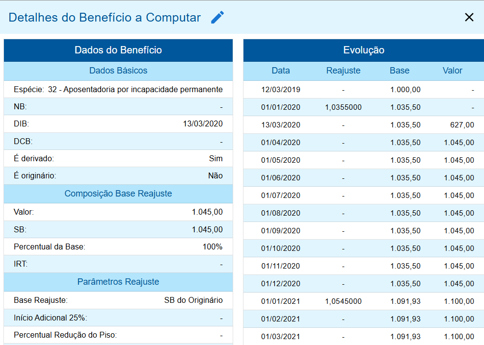 Janela Detalhes do Benefício