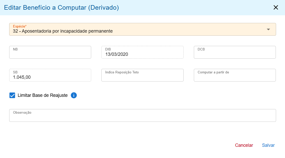 Janela Editar Benefício