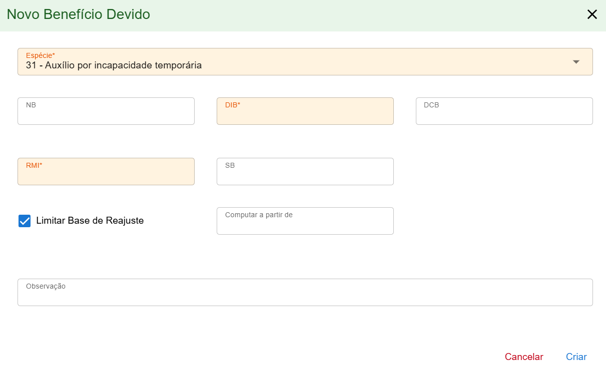 Tela - Novo Benefício