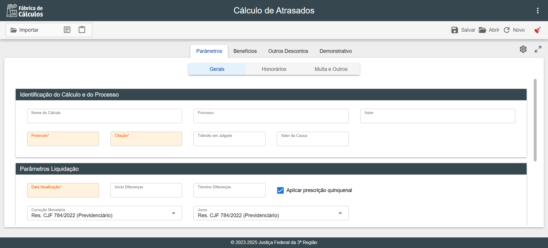 Tela principal - cálculo de atrasados
