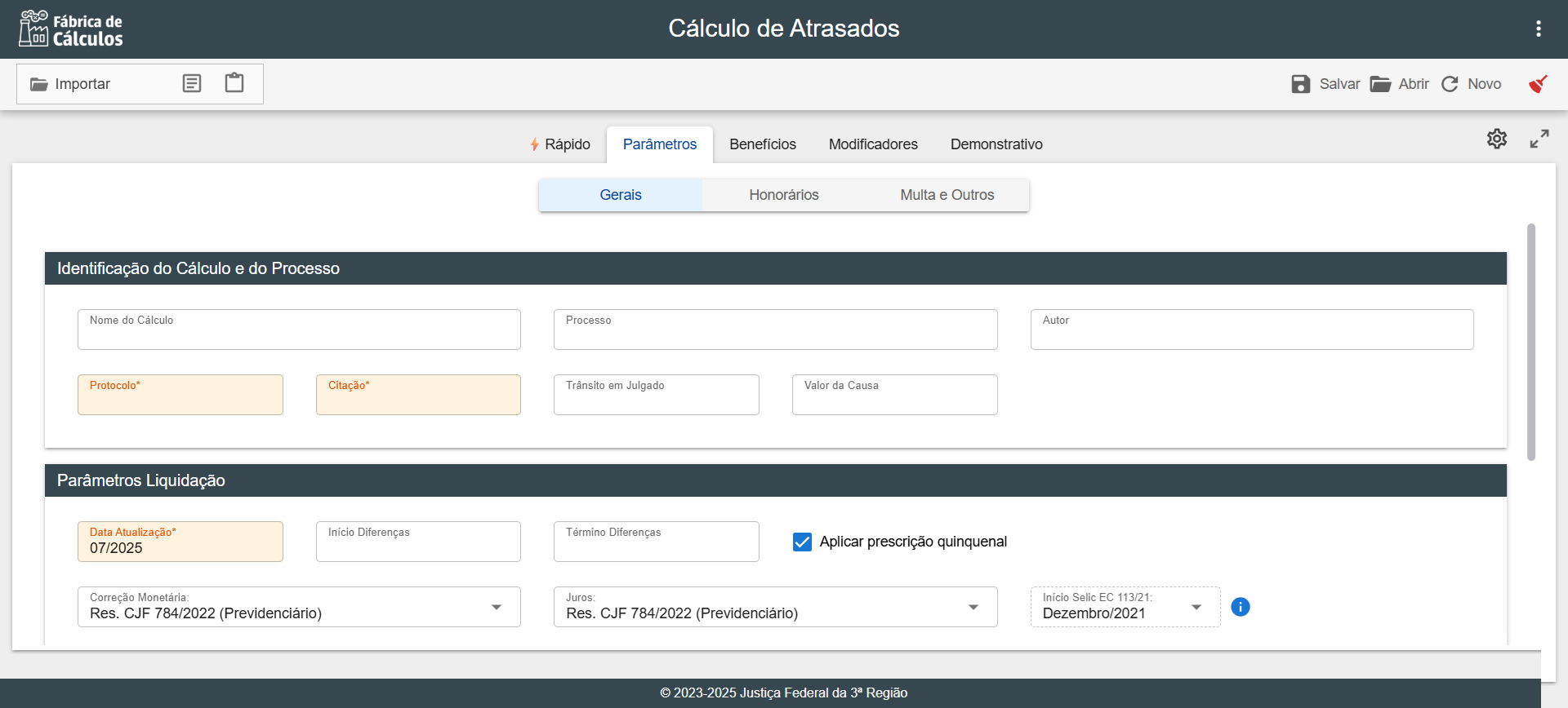 Tela principal - cálculo de atrasados